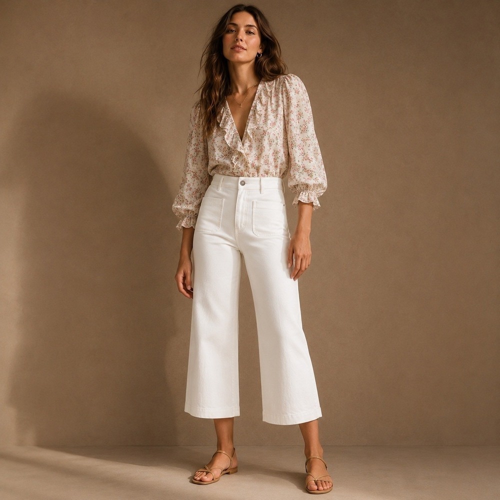 Spanx Shaping High Rise Cropped Wide Leg Jeans Sz M White